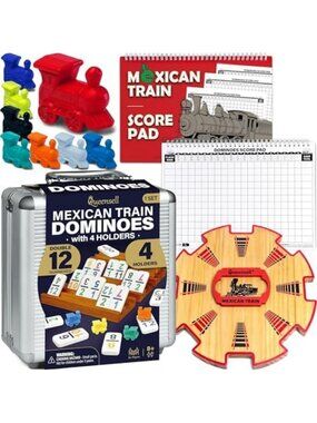 Double 12 Dominoes Set with 4 Holders, Wooden Hub, Score Pad & Metal Trains
